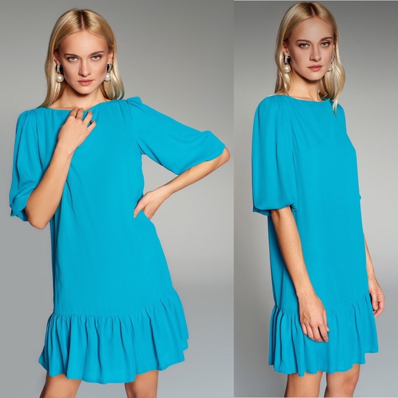 New Turquoise Pleated Mid-Length Casual Dress - Picture 3 of 3